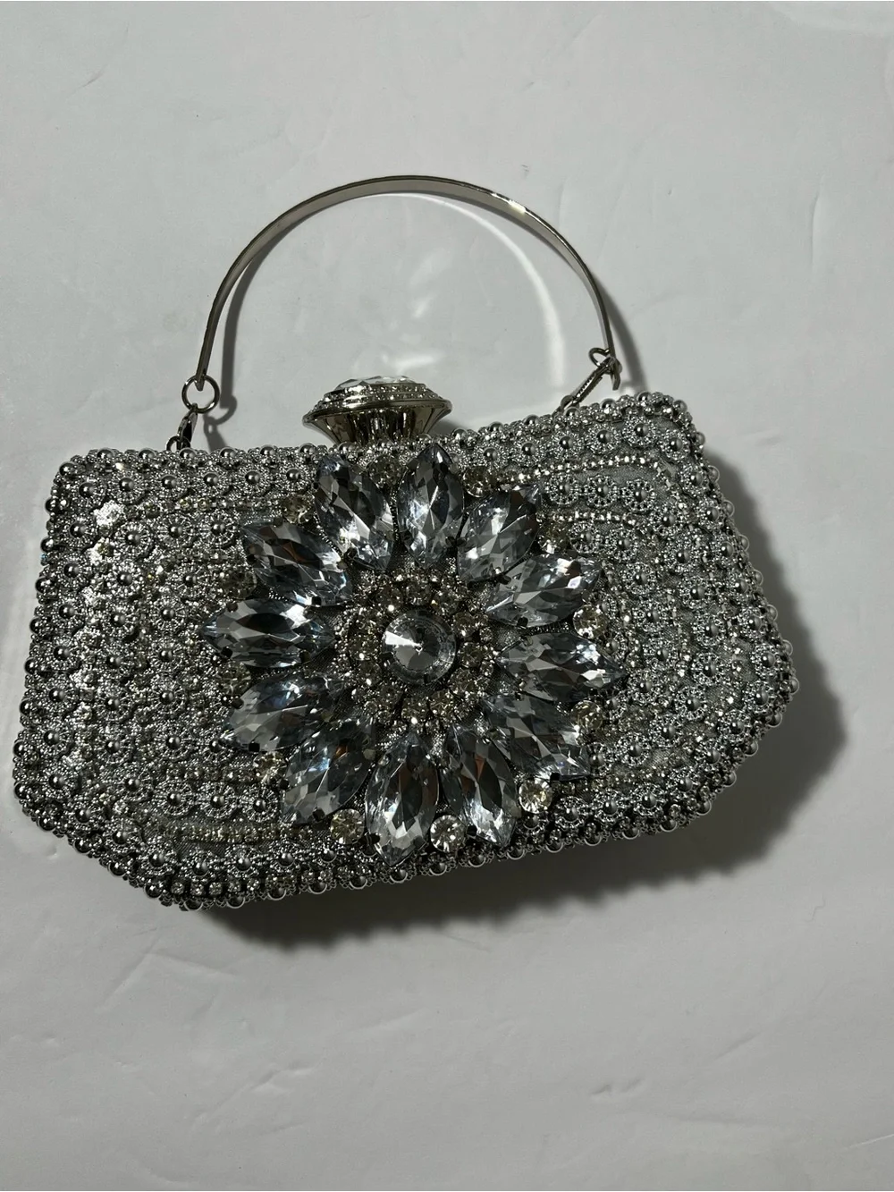 Silver-Tone Rhinestone Embellished Evening Clutch Bag Wedding Prom Formal purse